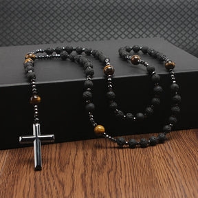 Elegant Lava Stone and Tiger-Eye Rosary with a Hematite Cross