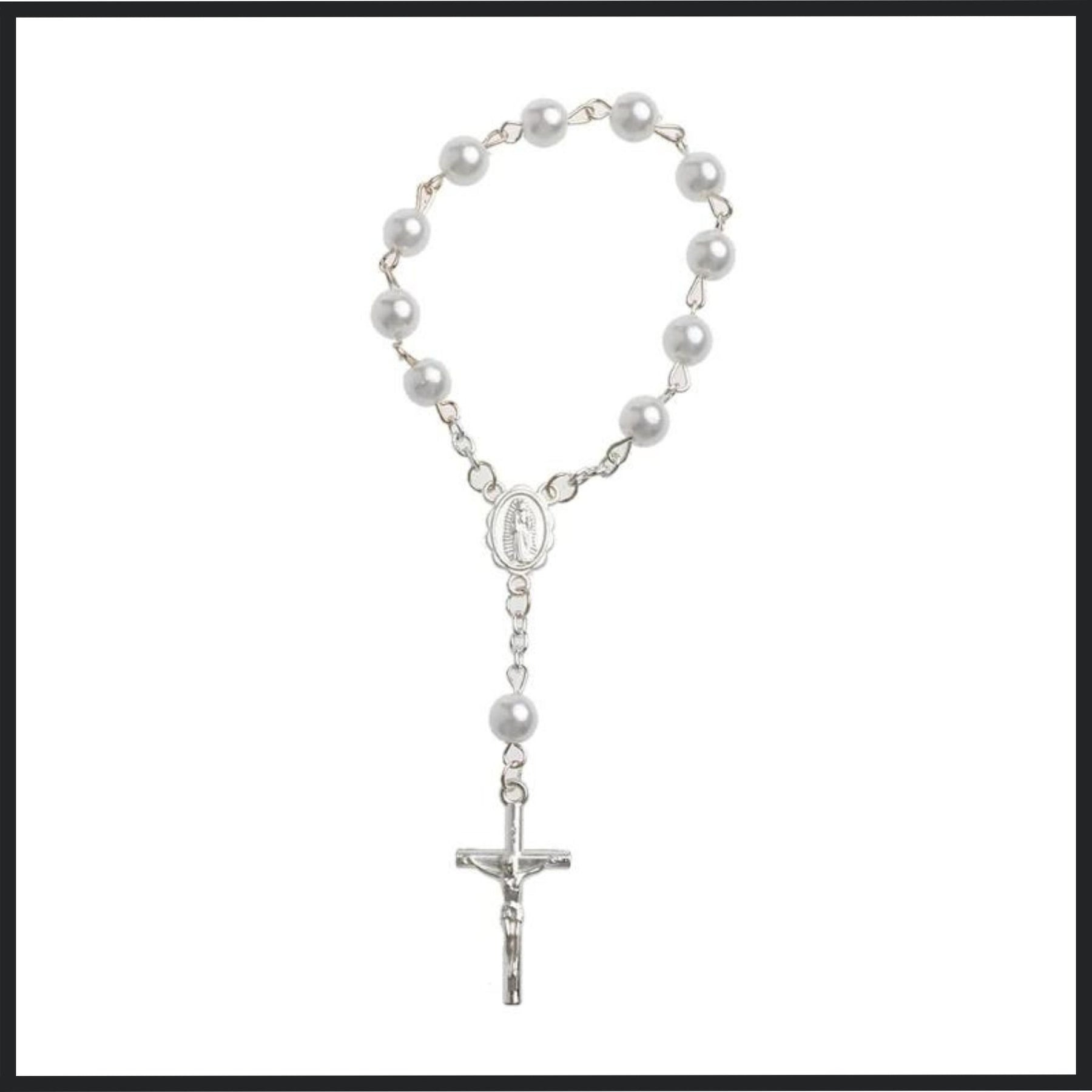 Silver-Plated Decade Rosary featuring a cross and pearl-like beads.