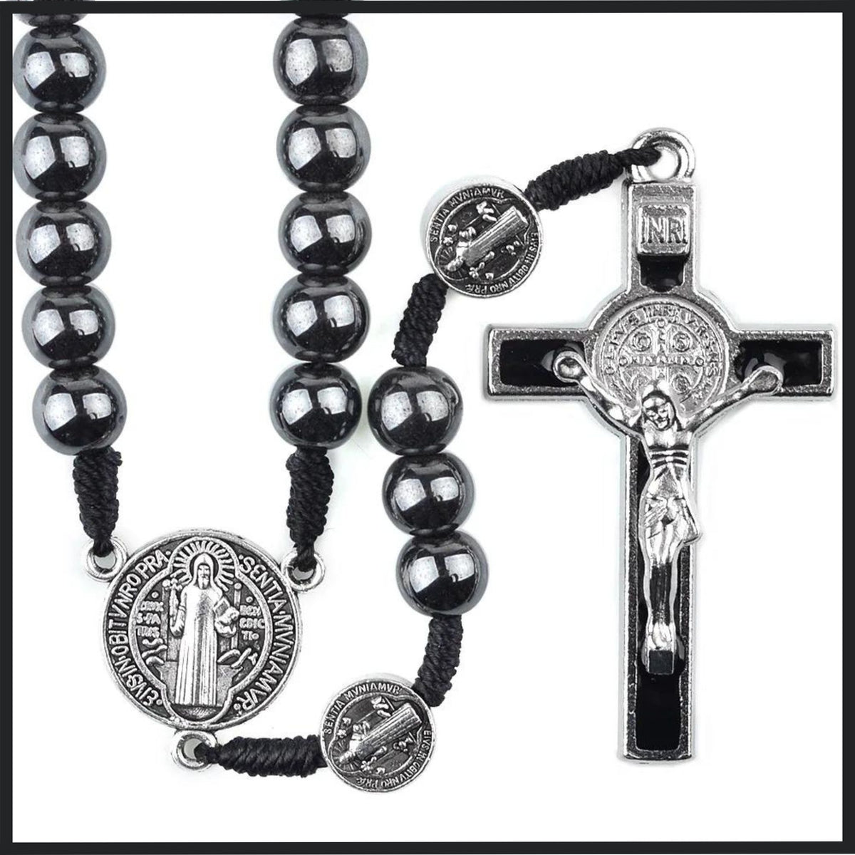 Hematite Bead Rosary with St. Benedict Medallions