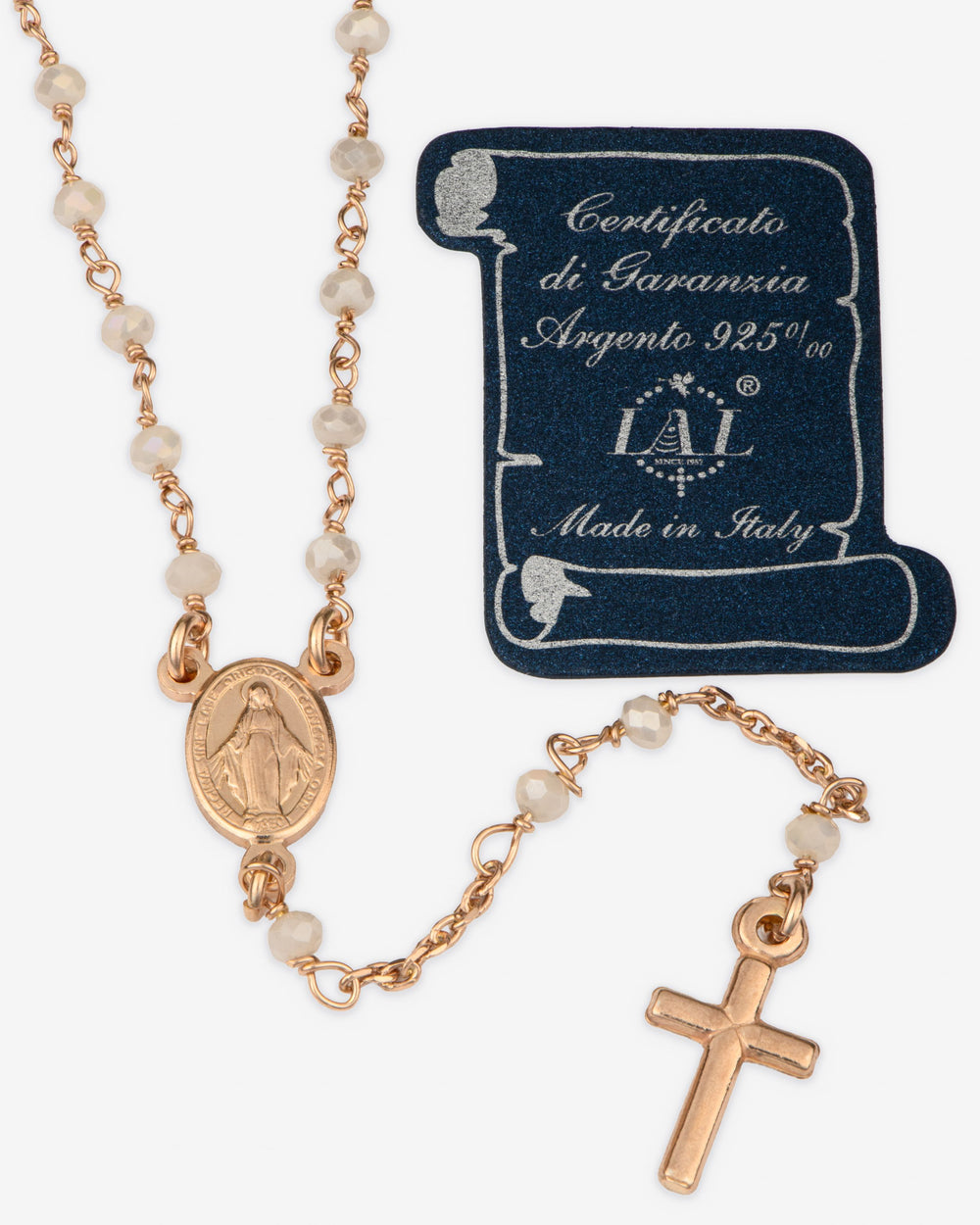 Loreto rosary necklace with Miraculous Medal, cross, and Italian certificate of authenticity