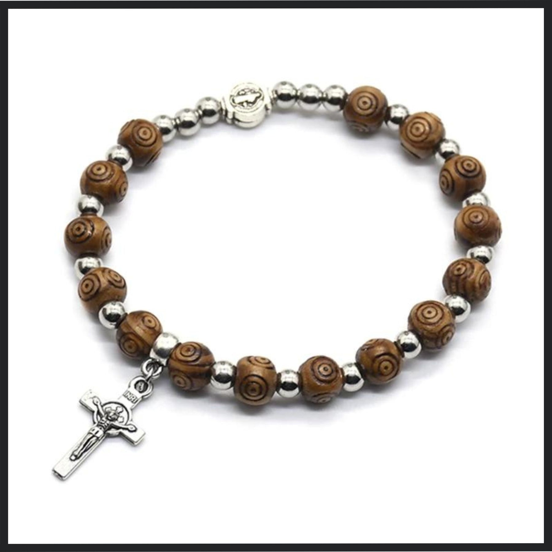 Vintage rosary bracelet with 8mm wood beads and a Jesus Christ crucifix cross pendant.