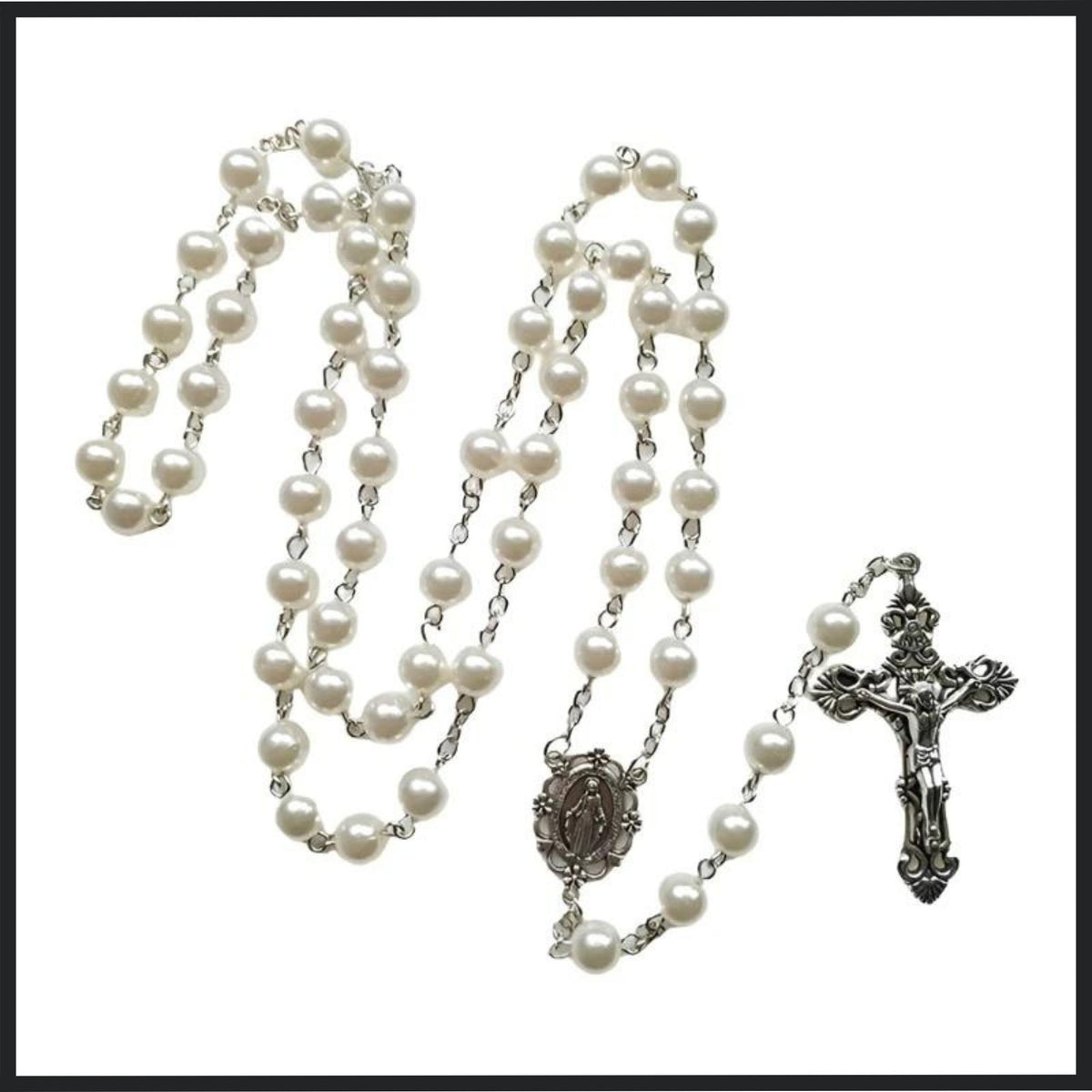 White Pearl Acrylic Bead Rosary with Silver Crucifix and Medal