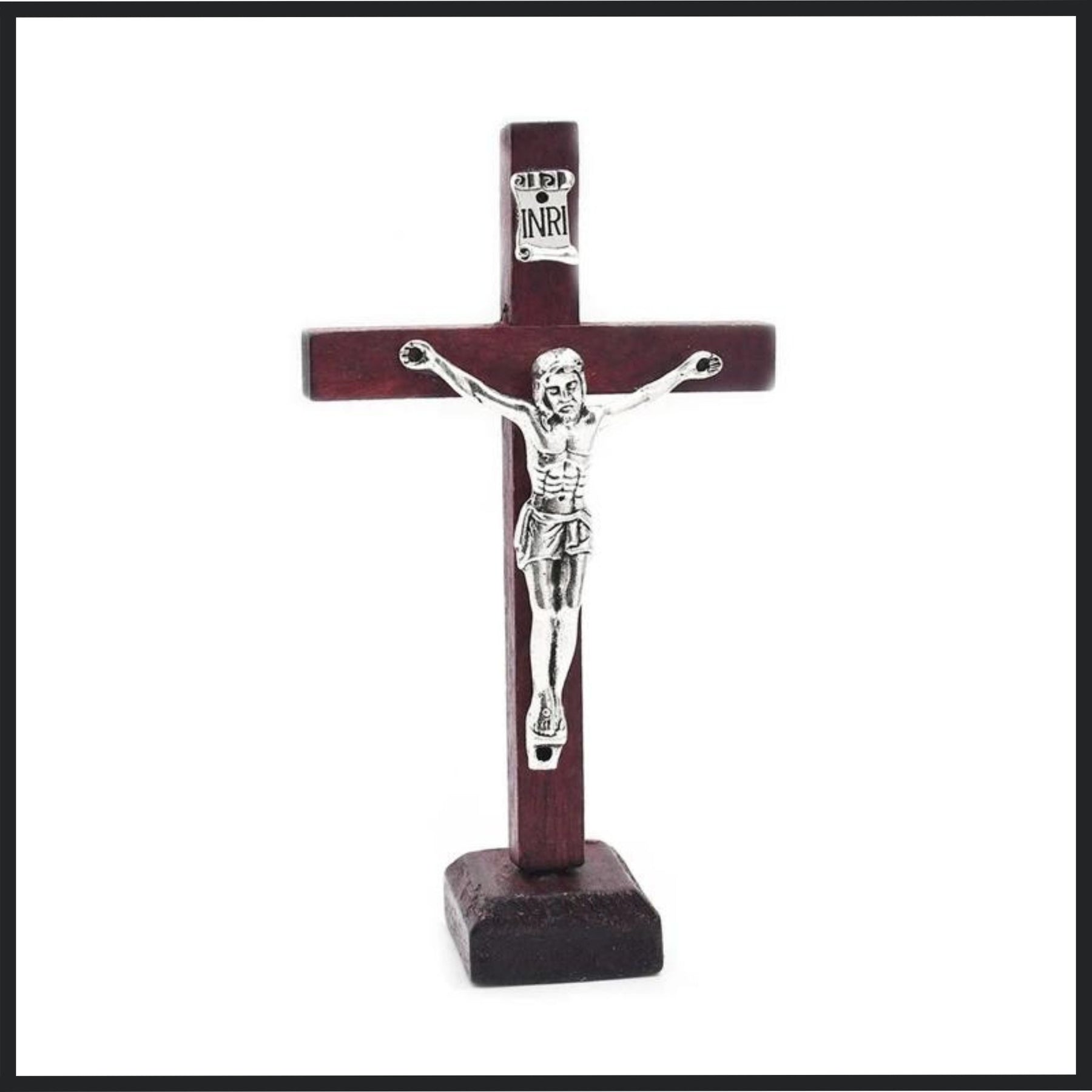 Wine red wooden crucifix with silver-tone Jesus figure, standing on a stable base.