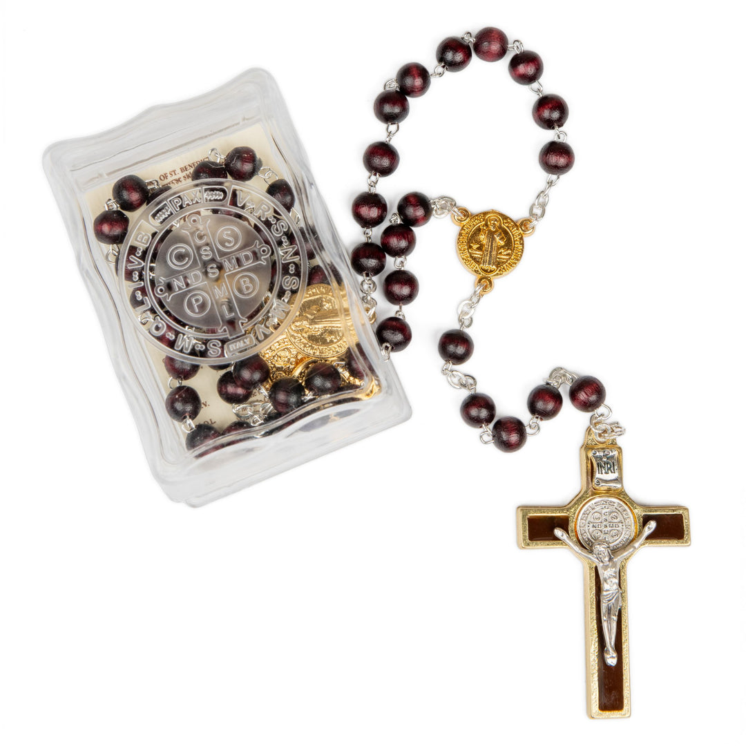 St. Benedict Wood Rosary — Gold-Tone | Made in Italy