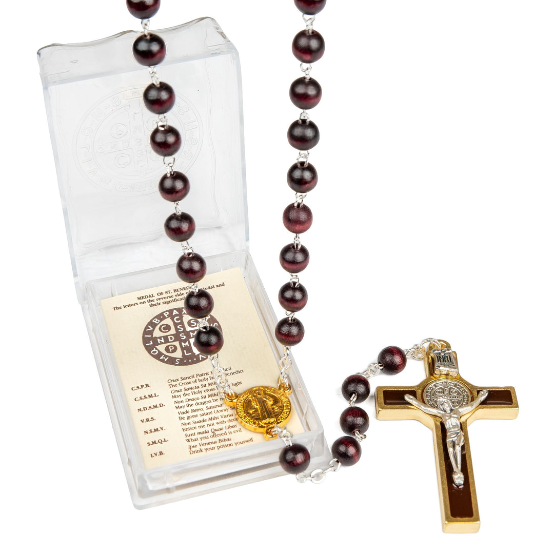 St. Benedict Wood Rosary — Gold-Tone | Made in Italy